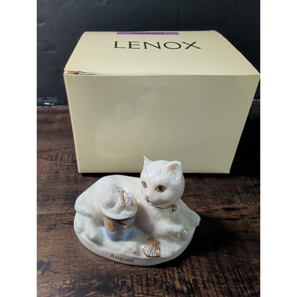 LENOX MONTHLY CALENDAR Kitty CAT -- August Kitten Beach sculpture - Chipped Ear